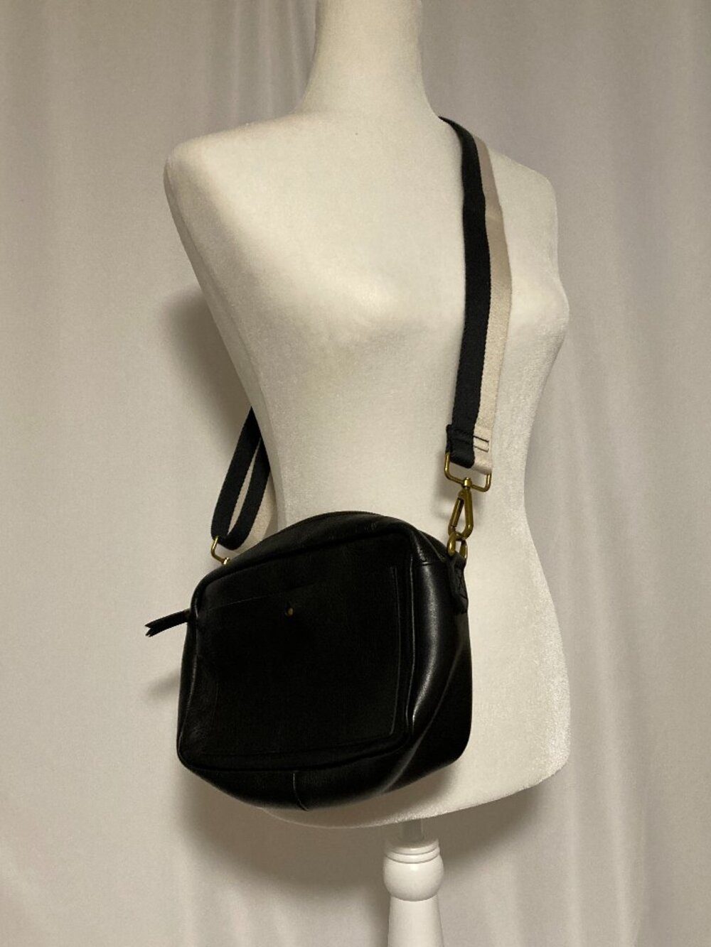 Madewell Large Transport Camera Bag True Black Leather Crossbody Striped Strap
